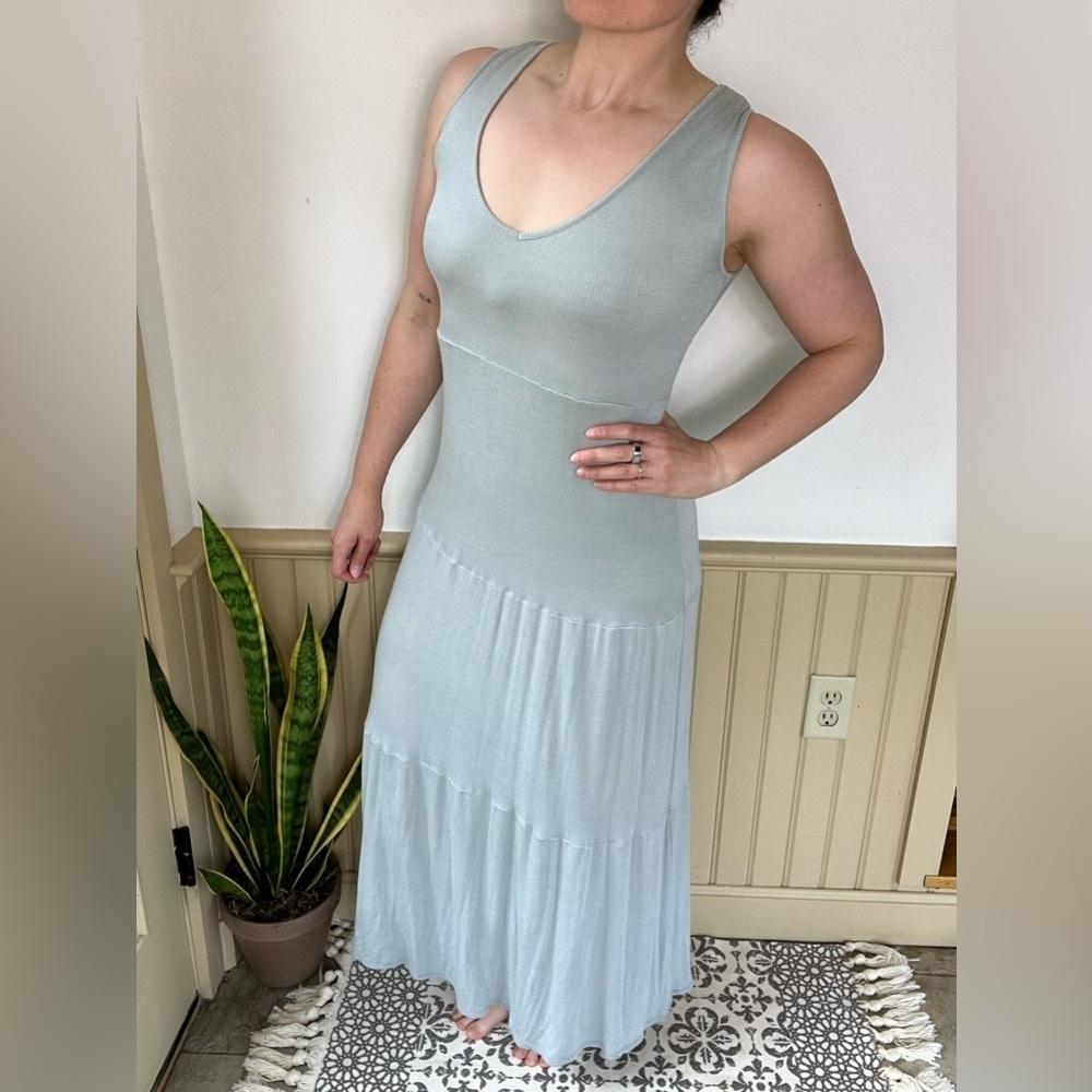 See You Monday Anthropologie Maxi Tiered Sage Green Sundress Women’s Sz S